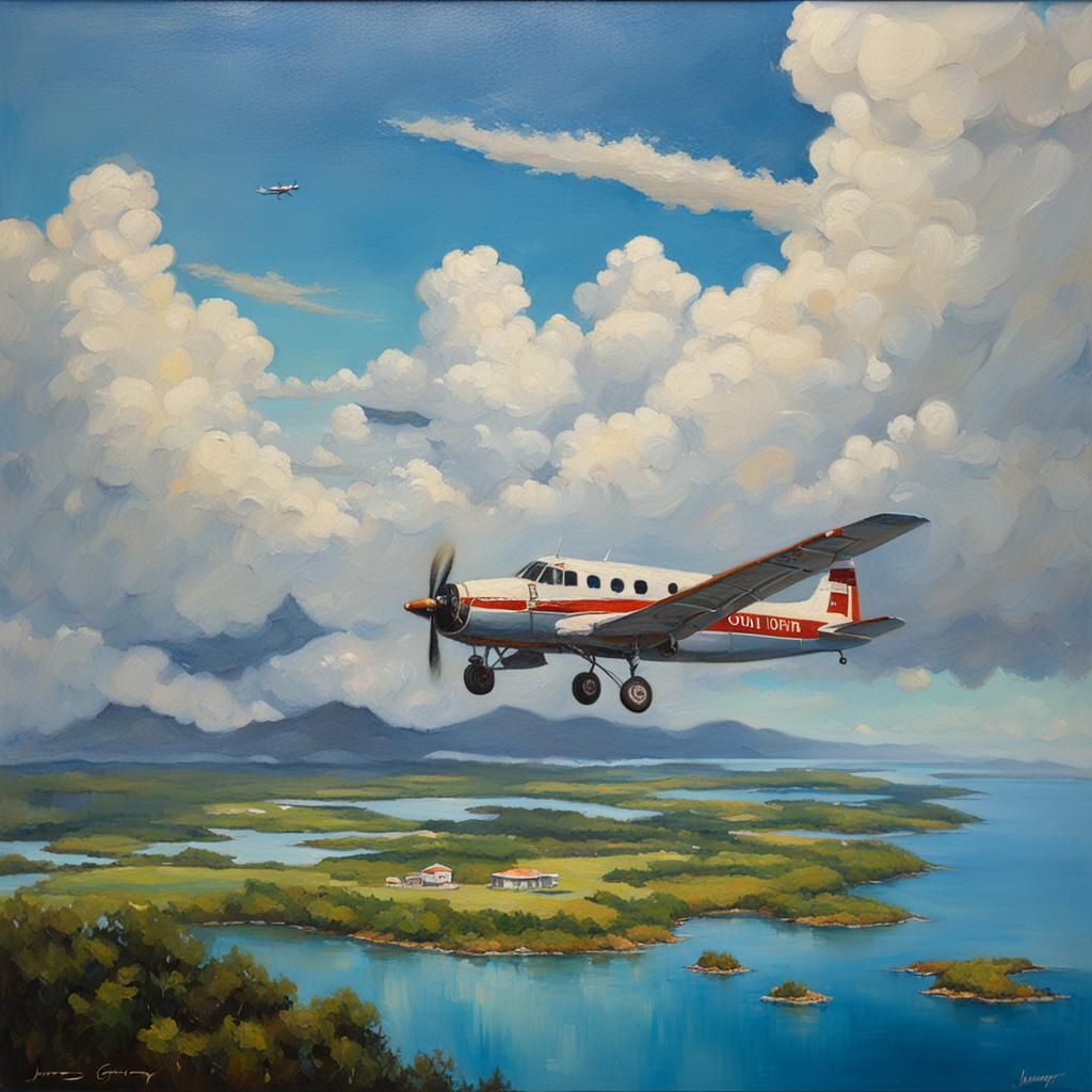 Airplane Over Island in Oil Painting Style