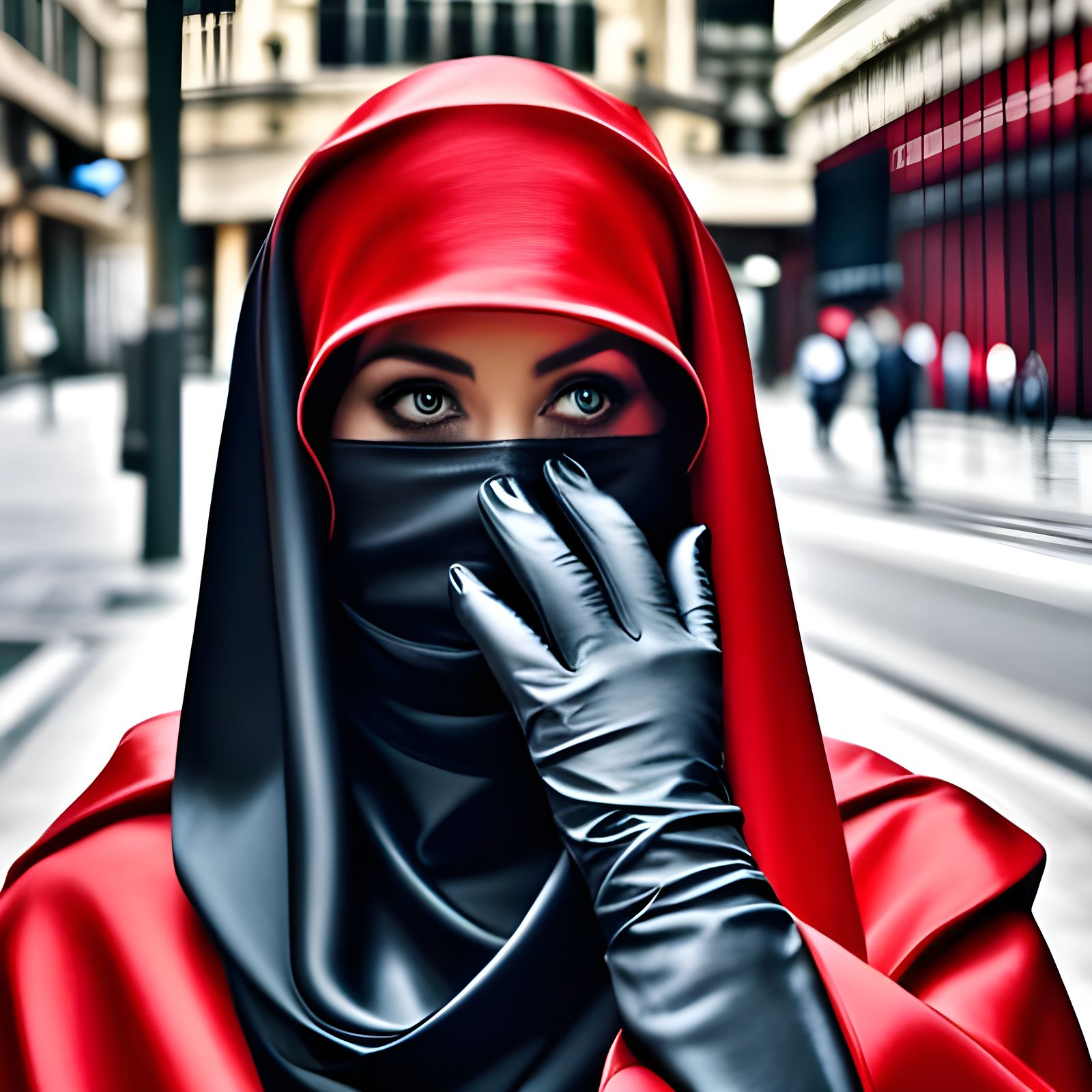 German Woman in Red Niqab, Hyperrealistic Portrait