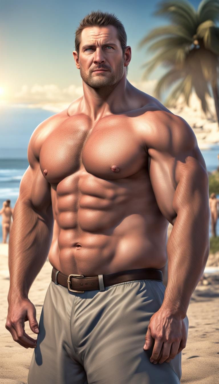 Handsome Muscular Man With Dark Stubble on Beach