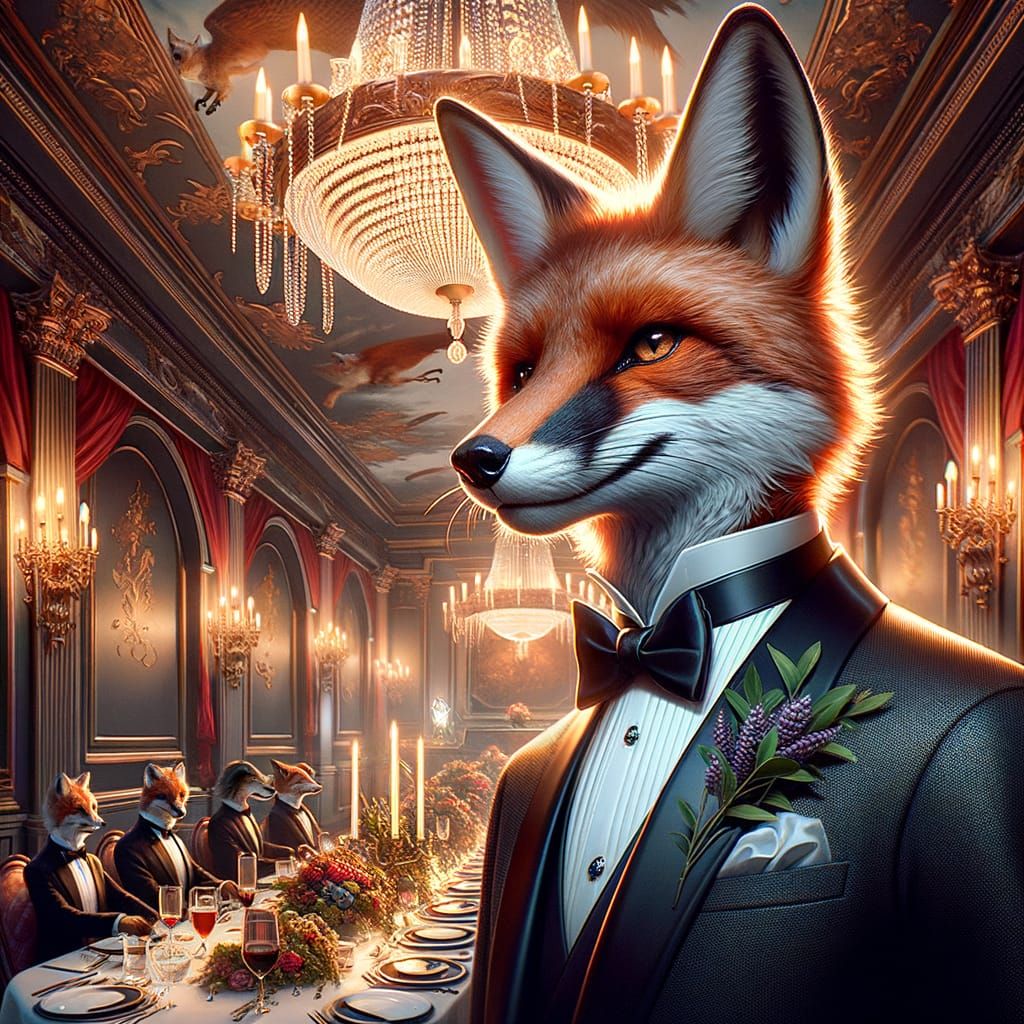 Dapper Fox in Tuxedo at Fantasy Dinner Party