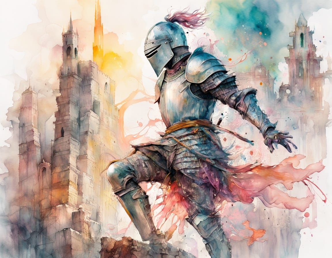 Knight Leaps Between Worlds as Watercolor Painting