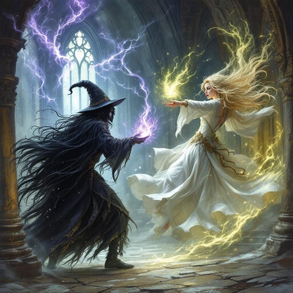 A wolf shifter blond witch and silver-haired young wolf shifter wizard battling a black-haired Dark Fae Queen in a fight...