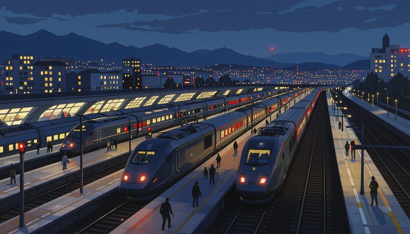 Night View of a Modern Train Station