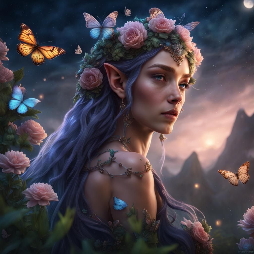 Elf with Flowers and Butterflies: Fantasy Art