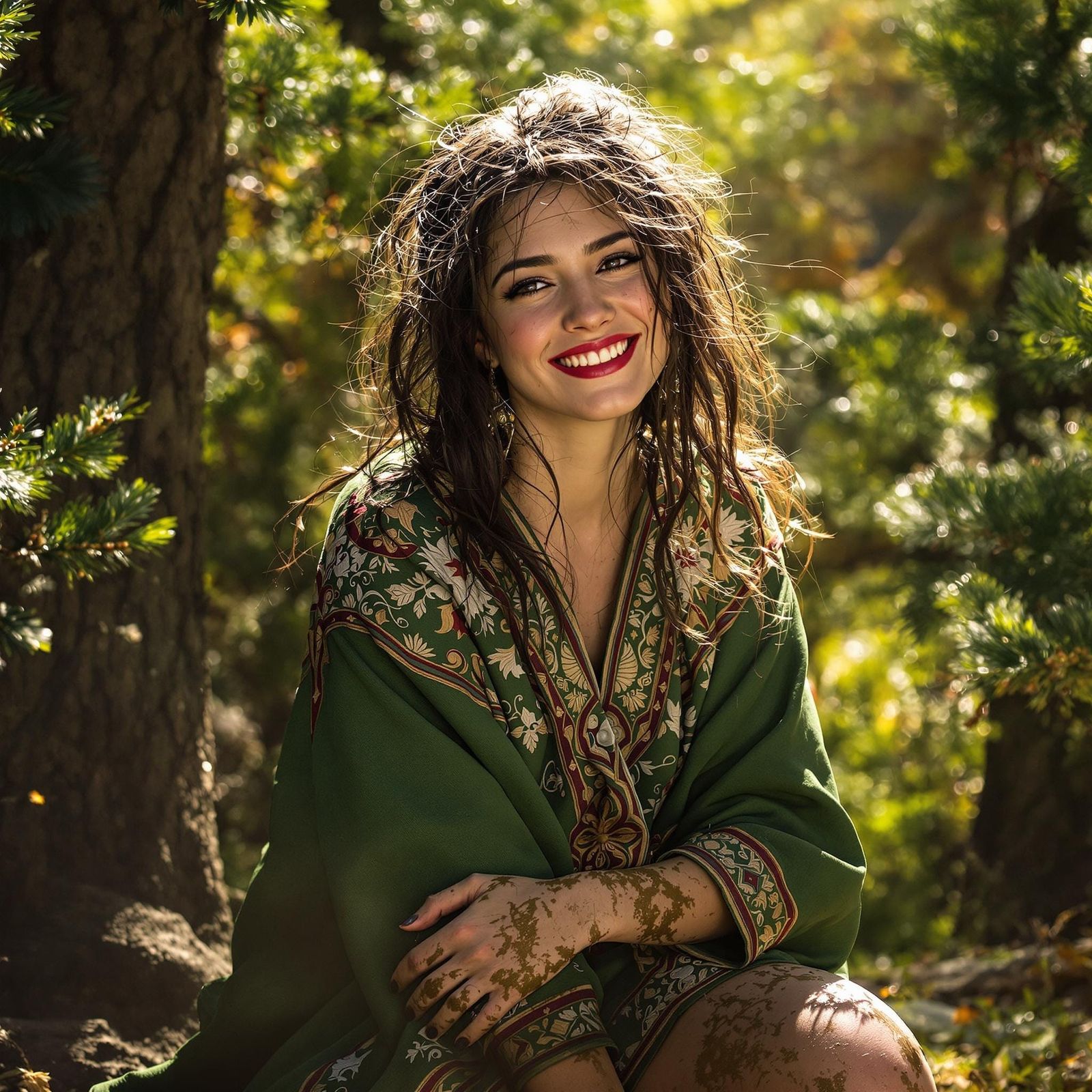 Norse Goddess Radiates Serene Beauty in Vibrant Green Tunic