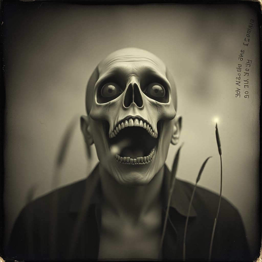 Eerie Cyborg Scream in Photogravure Style