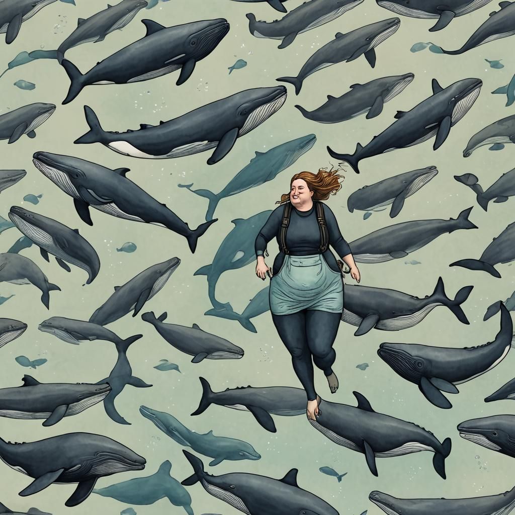 Diver and Whale in Cartoon Style