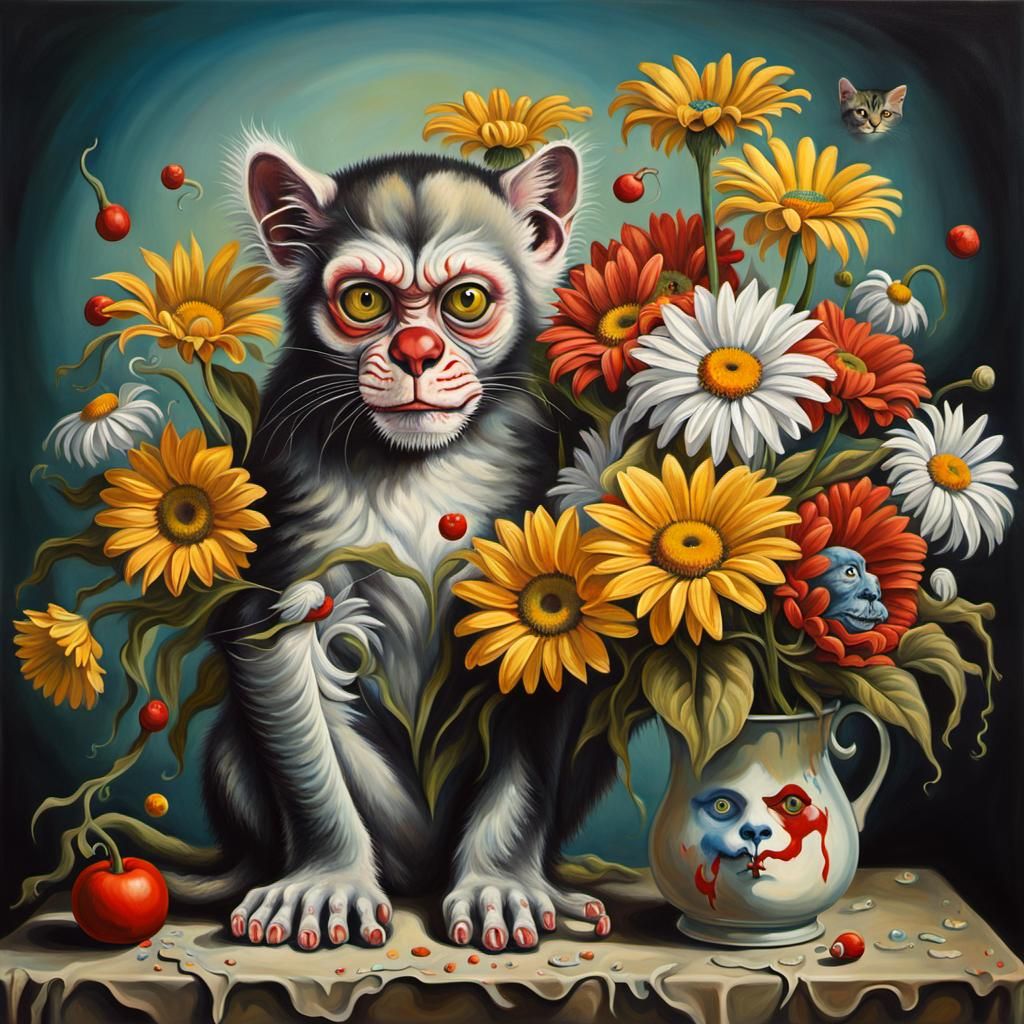 Surreal Zombie Monkey Clown Kitten in Dali Style