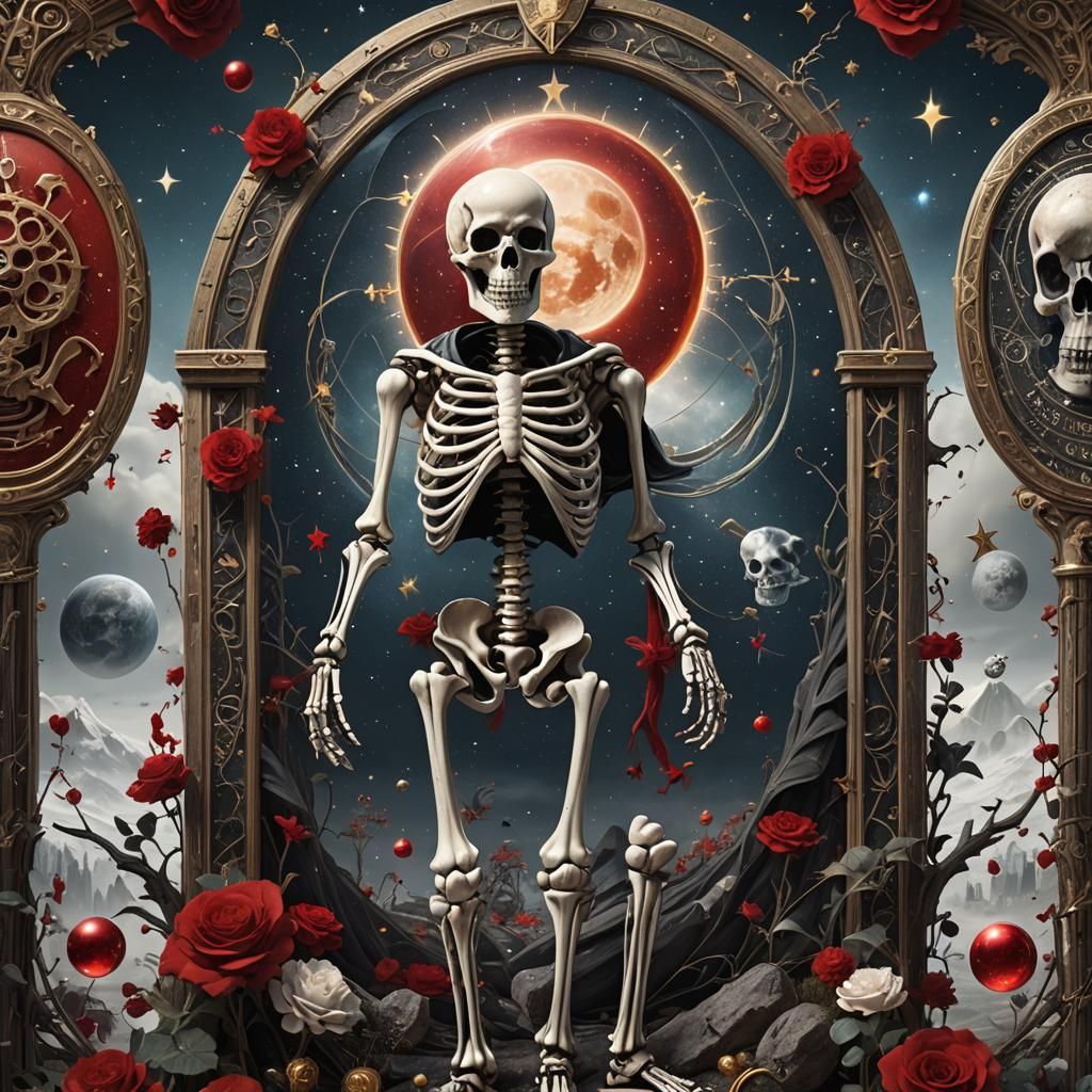 The Universe Tarot Card with Skeleton and Stars