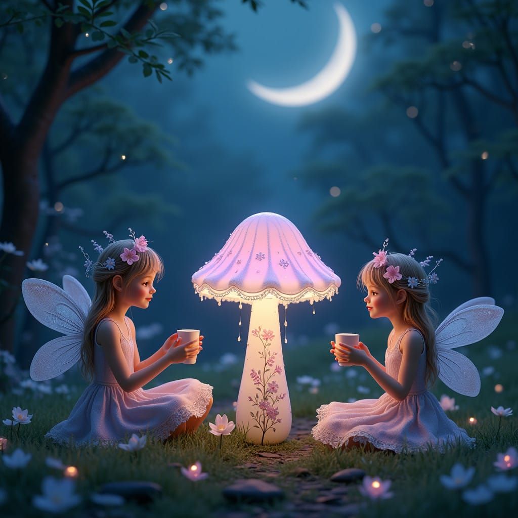 Whimsical Fairies Gather Around Glowing Mushroom in Moonlit...