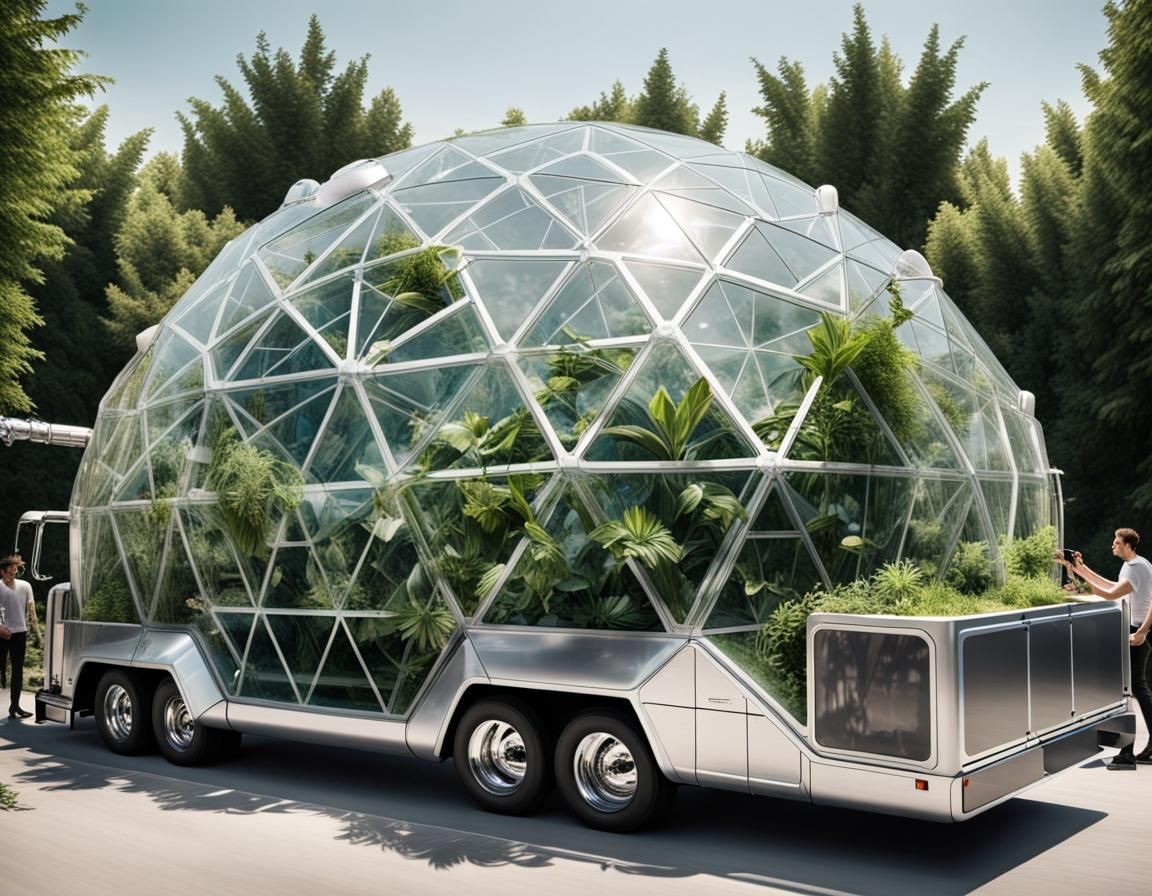 Futuristic Truck with Geodesic Dome Dispensing Green Elixir