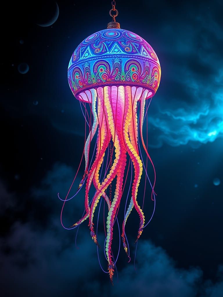 Giant Rainbow Jellyfish Wind Chime in Mystical Depths