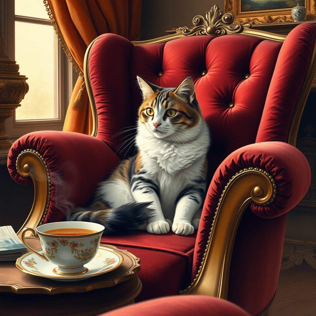 Victorian Cat in Plush Armchair with Golden Light