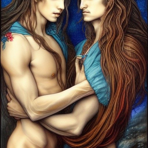 Androgynous Men Embrace: A Fantasy Art Painting
