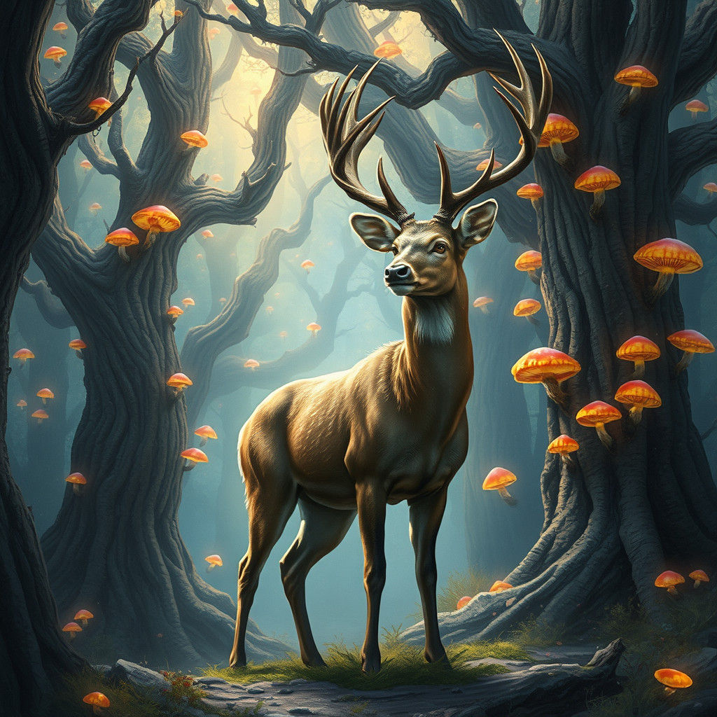 Deer in Mystical Forest Glade: Digital Illustration