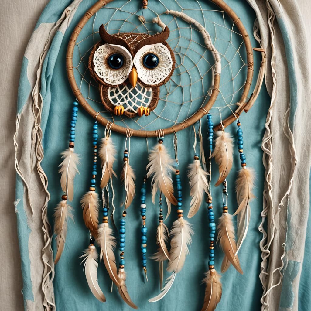 Owl-Themed Dreamcatcher Close-Up Above Bed