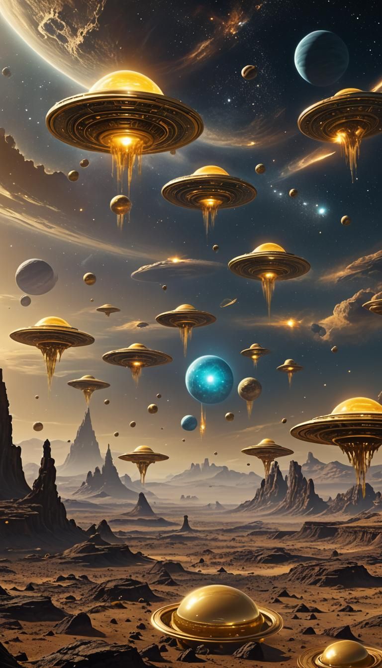 (Balls of golden saucers flying delicately in the horizon of...