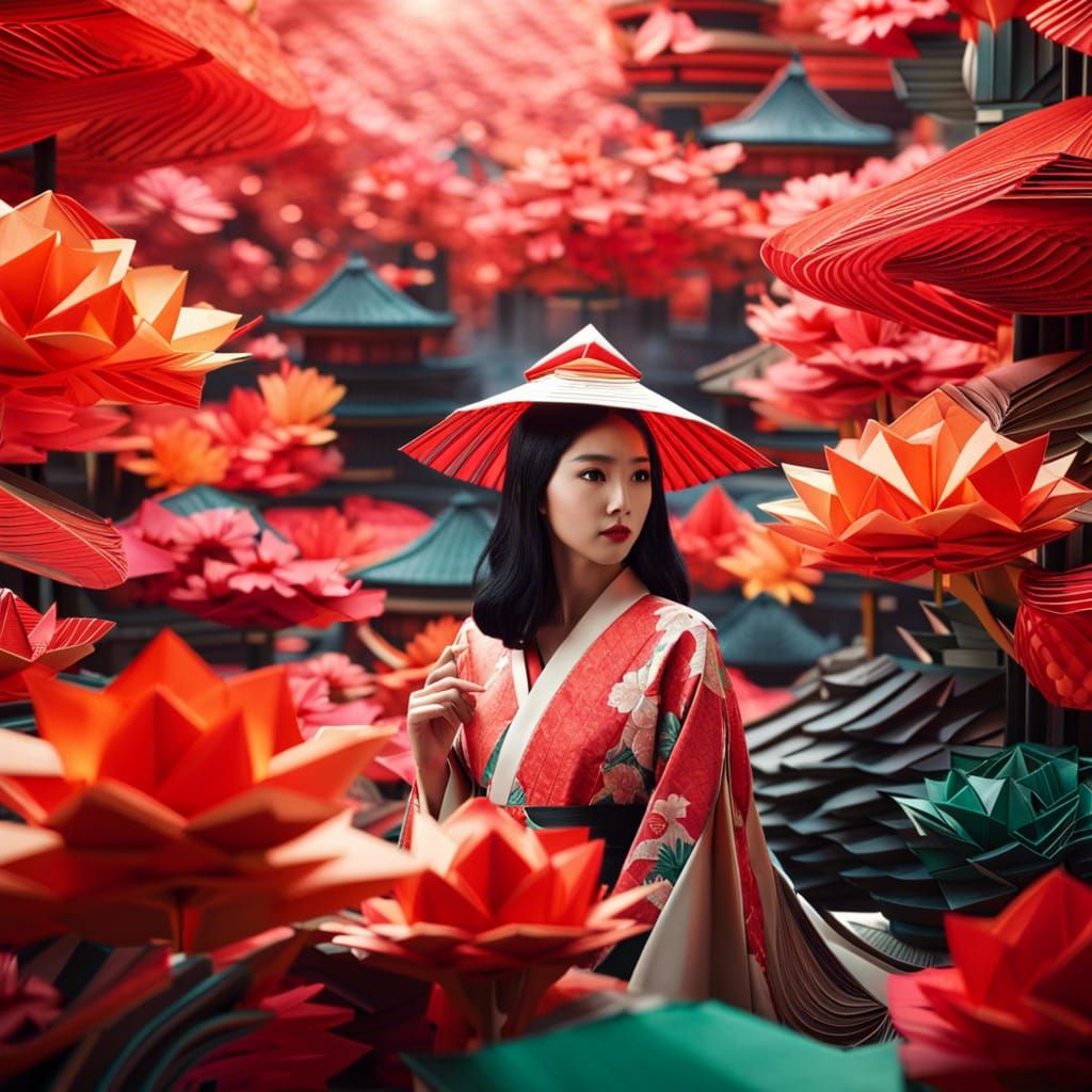 Origami Girl in Kimono with Japanese Background