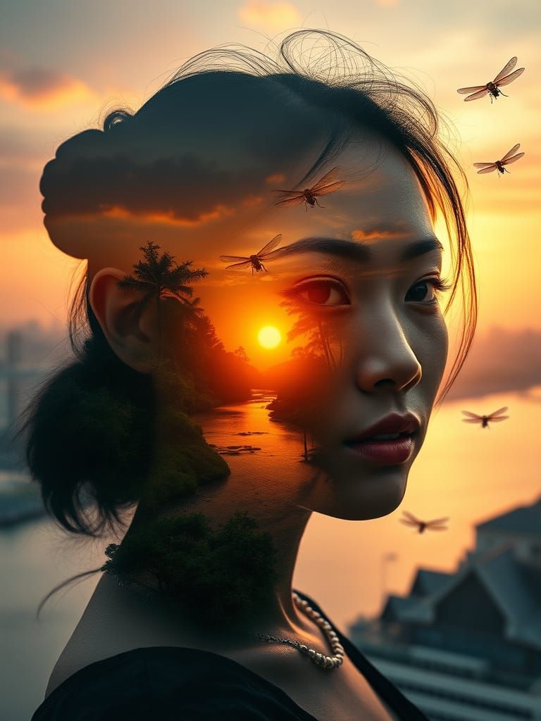 Surreal Asian Portrait Within Radiant Dragonfly Sunset