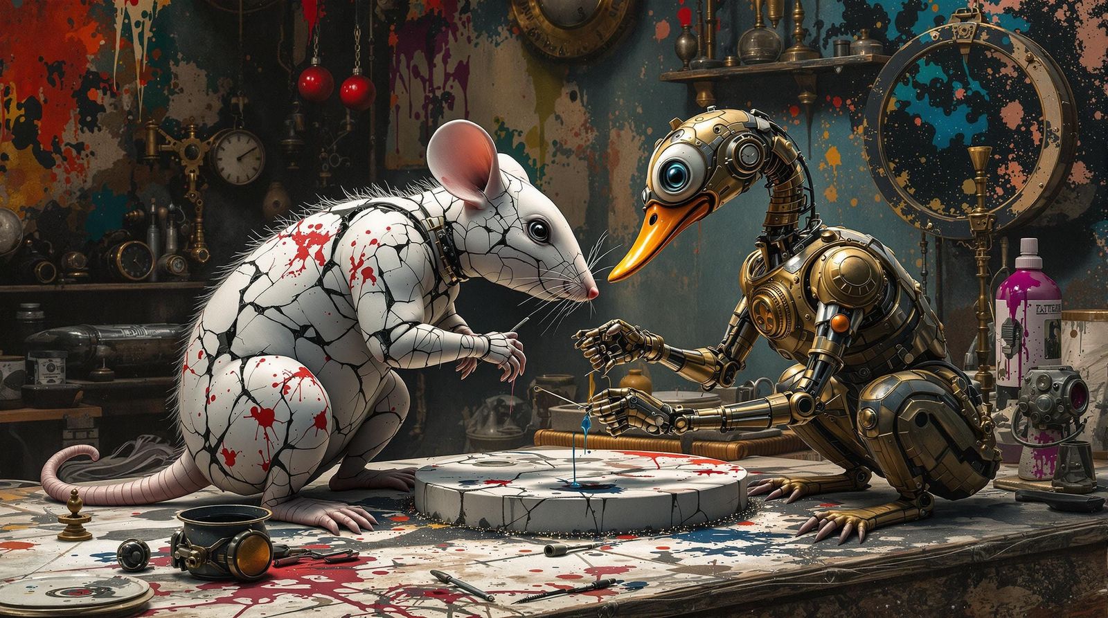Steampunk Mouse Statue Repair in Vibrant Surreal Workshop