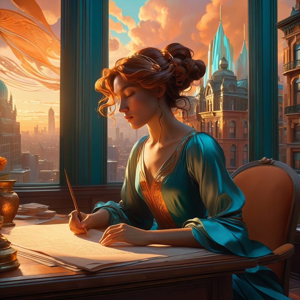 Writer Lost in Thought amidst Vibrant Cityscape