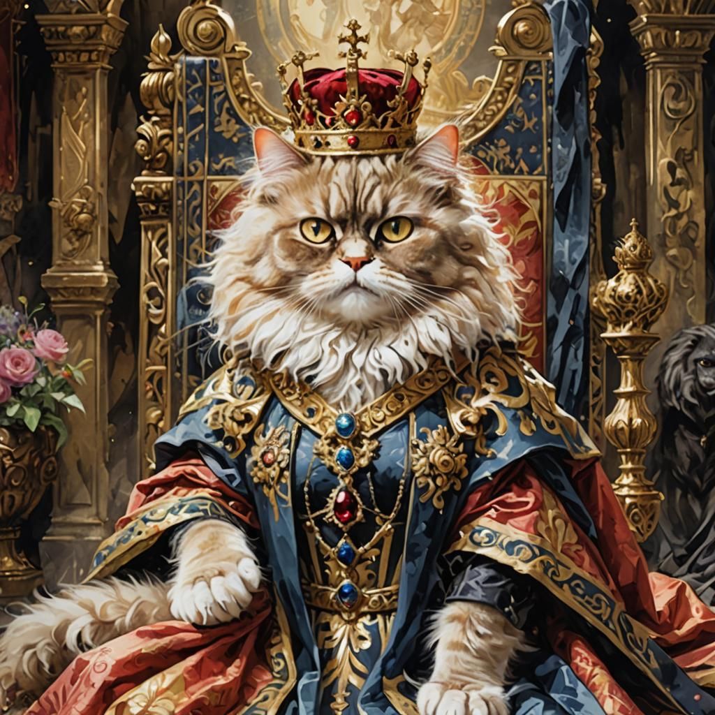 Queen Elizabeth Cat on Throne: Watercolor Art