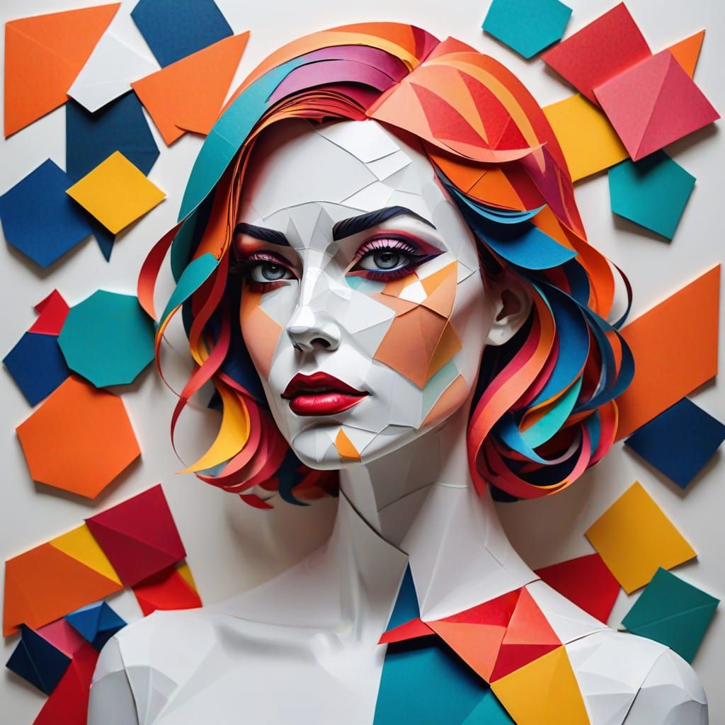 Sultry Paper Cutout Party Girl in Vibrant Geometric Style