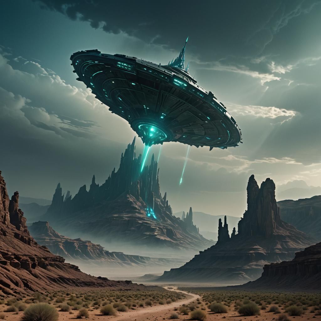 Alien Spaceship Looms Over Desert Canyon in Sci-Fi Horror