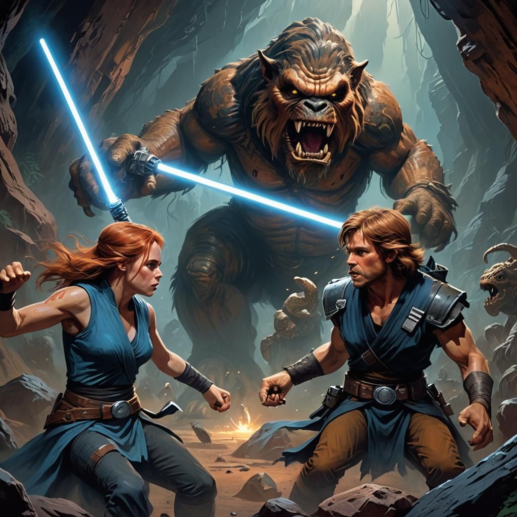 Luke Skywalker and Mara Jade vs Rancor: Fantasy Art