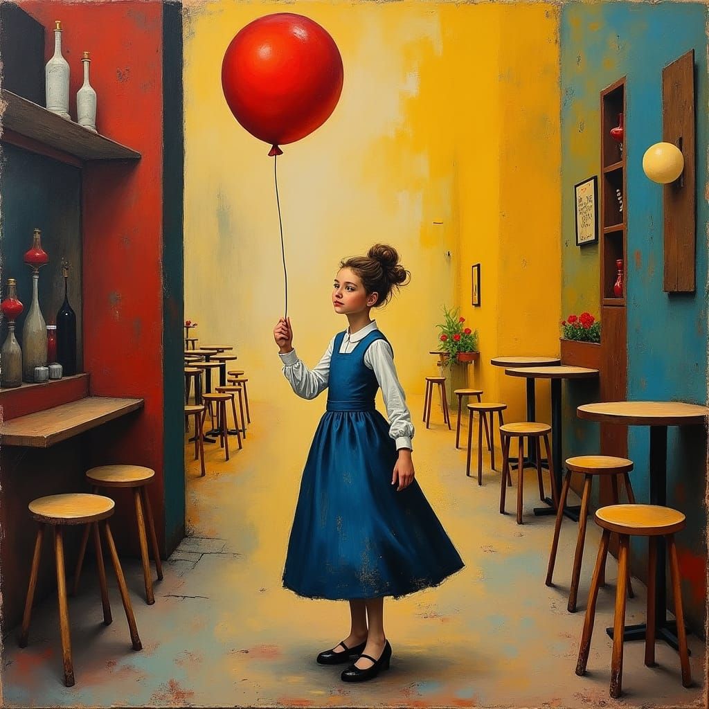 Girl with Balloon in Saloon: Miro-Inspired Painting