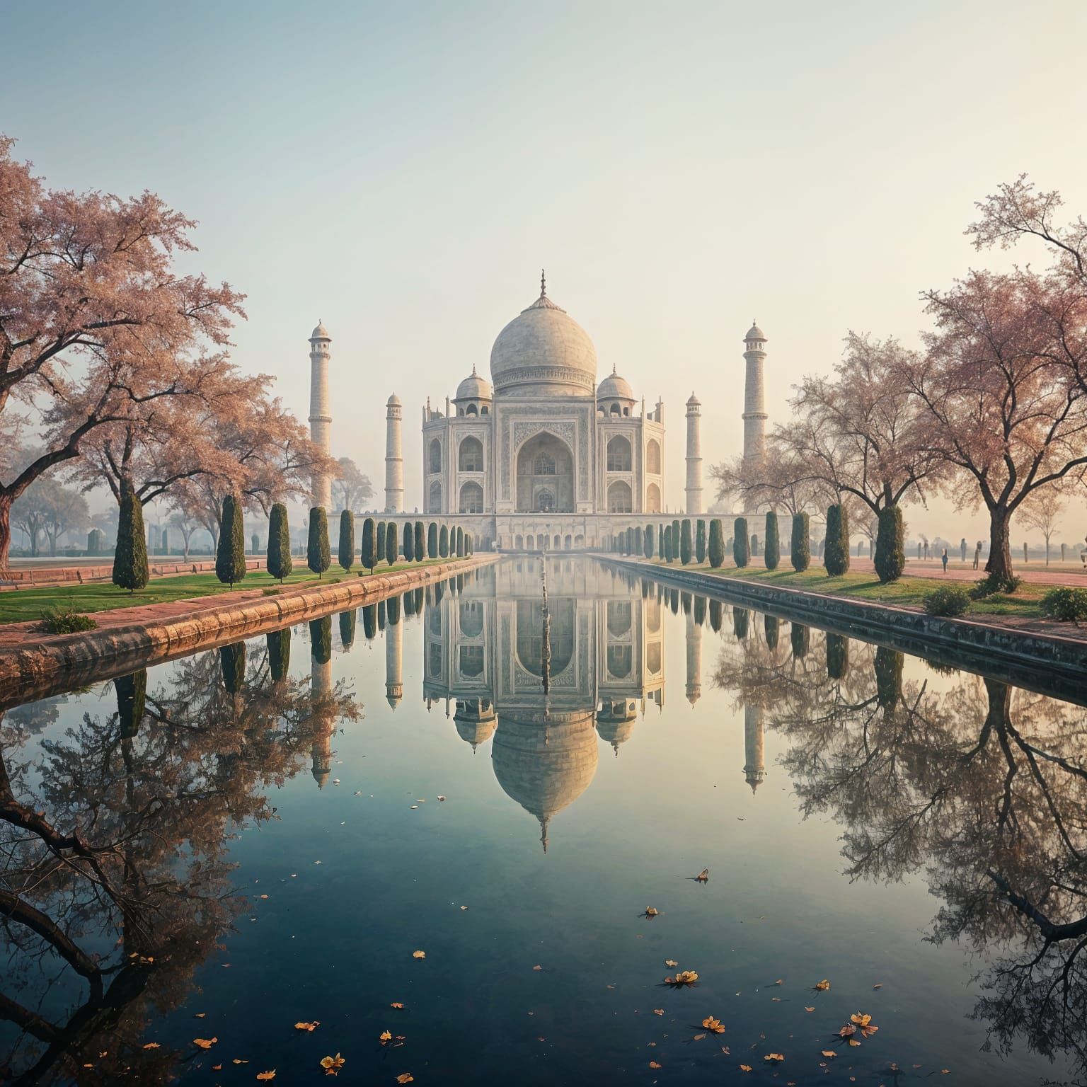 Taj Mahal with Pink Trees and Polluted Reflection