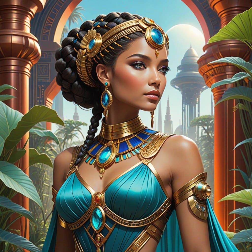 Egyptian Goddess in Cyberpunk Botanical Garden
