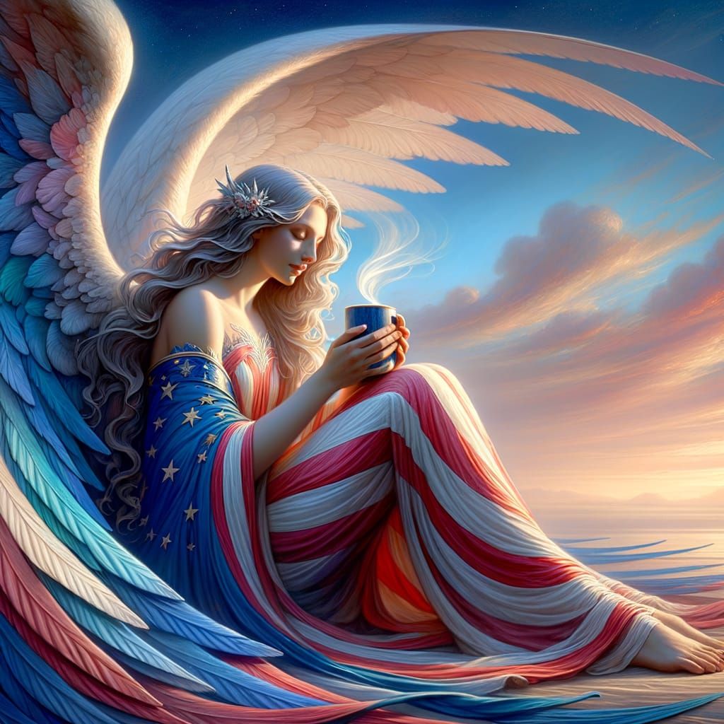 Red White and Blue Angel Drinking Coffee at Dawn