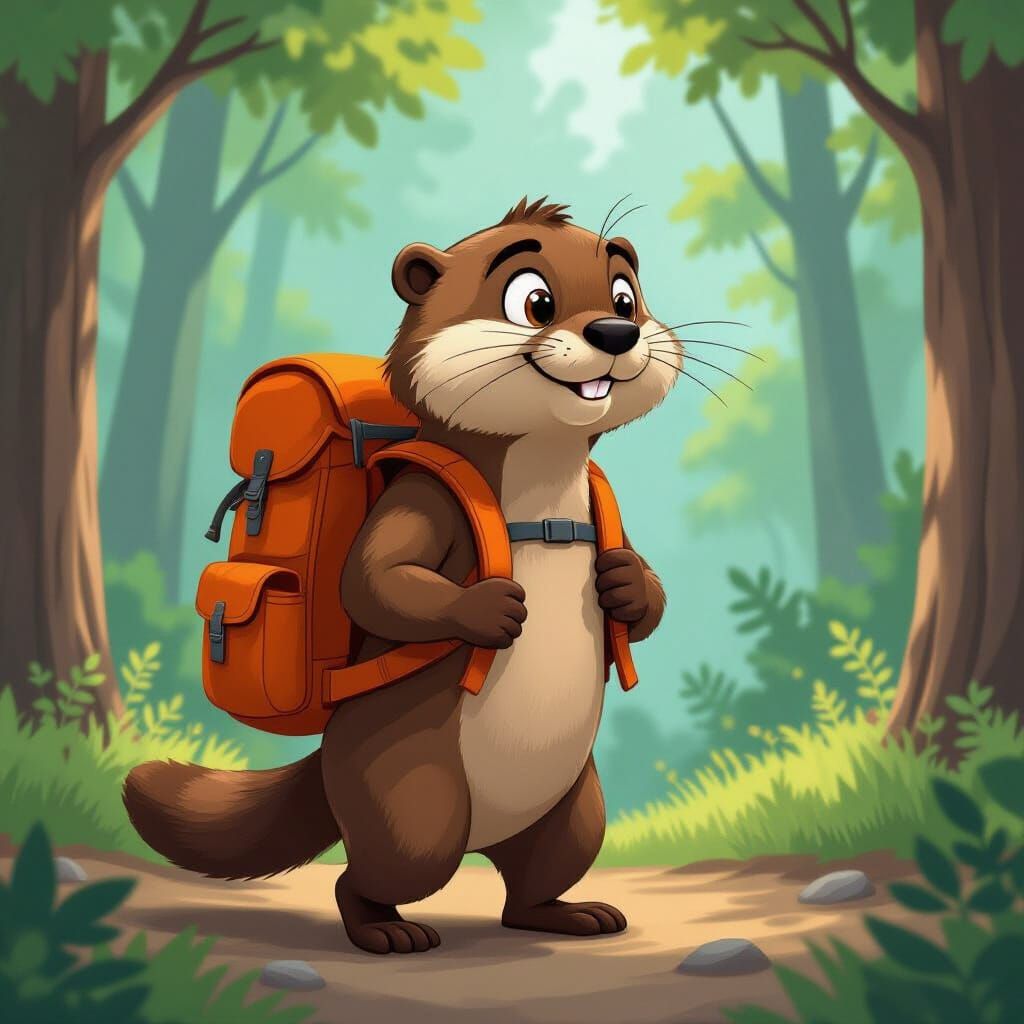 Cartoon Otter Hiking in Forest with Backpack