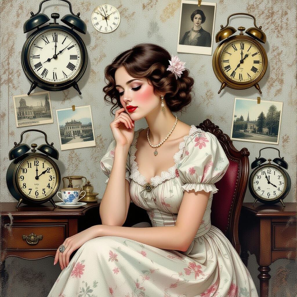 Nostalgic Woman Surrounded by Time, Watercolor Style