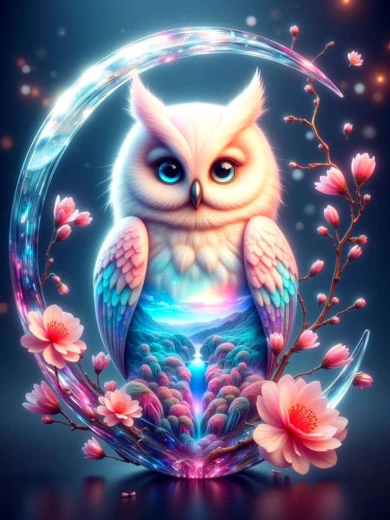 Glass Owl on Moon in Surreal Double Exposure