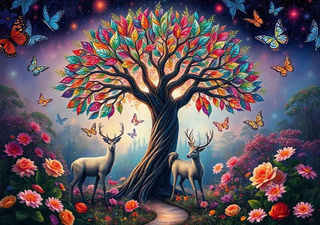 Mystical Garden with Rainbow Tree in Art Nouveau Style