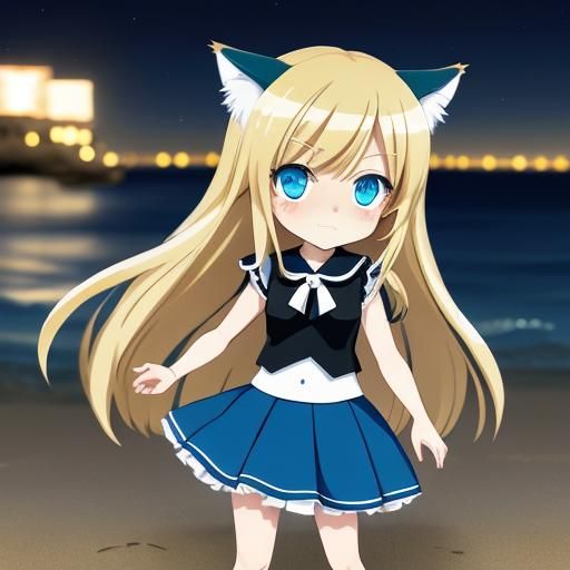 Adorable Chibi Catgirl on a Beach at Night