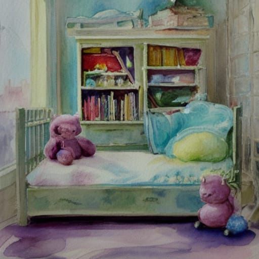 Whimsical Watercolor Scene of a Child's Cozy Bedroom