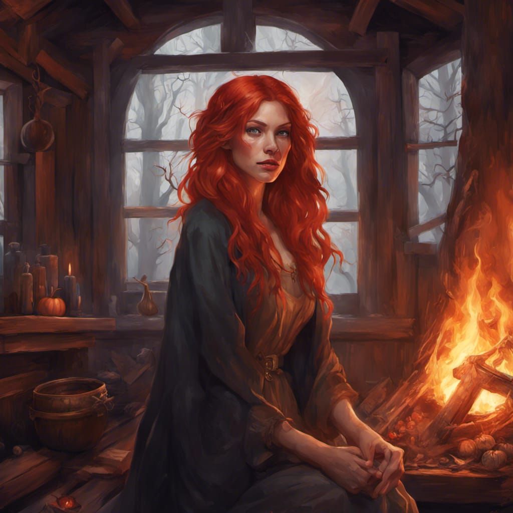 Red-Haired Witch in Cabin: Halloween Concept Art