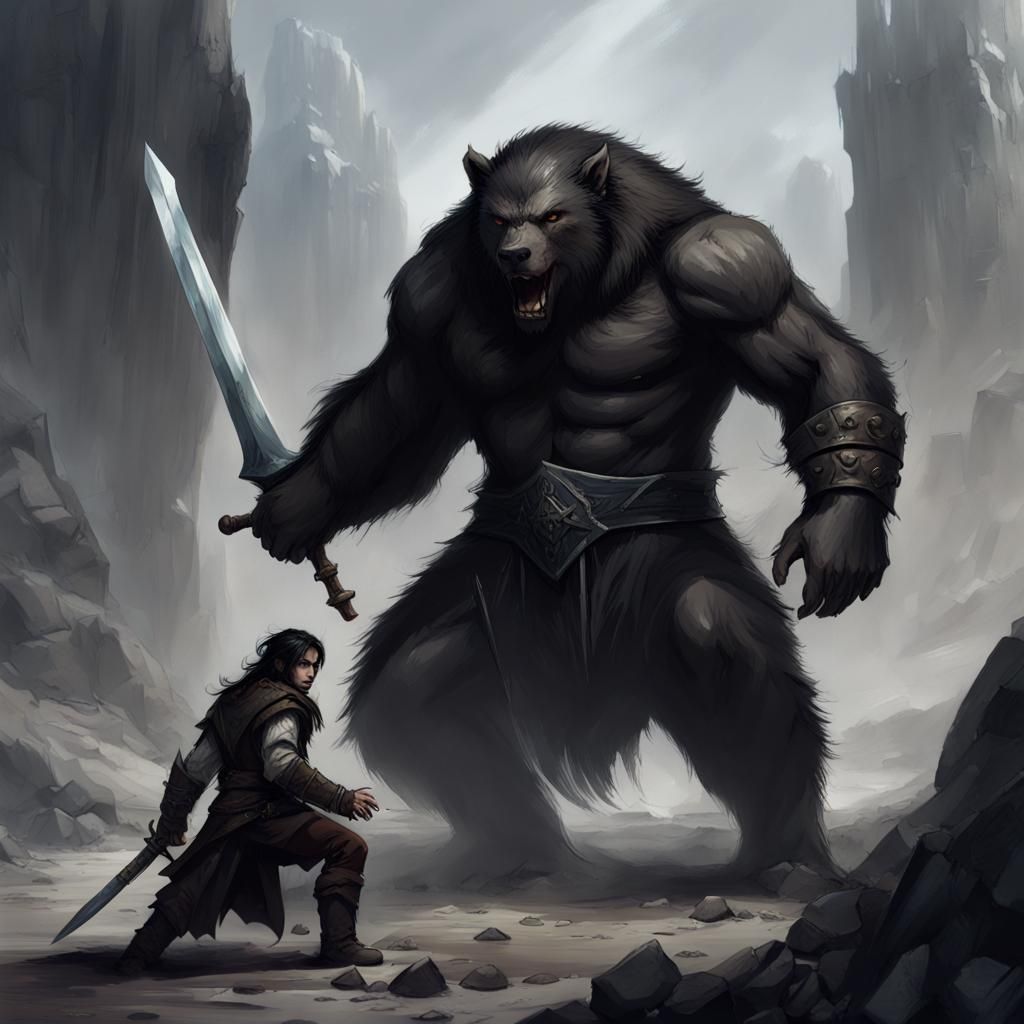Half-Orc Warrior Protecting Elf from Shadow Beast