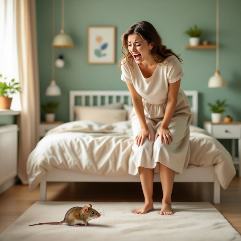 Startled Housewife and Tiny Mouse in Hyperreal Style
