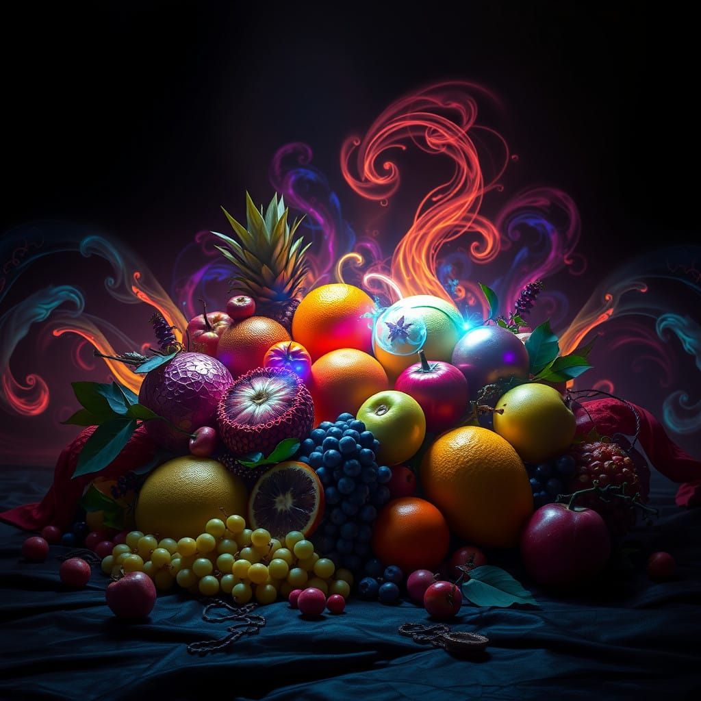Surreal Fruit Arrangement in Vibrant, Ethereal Light