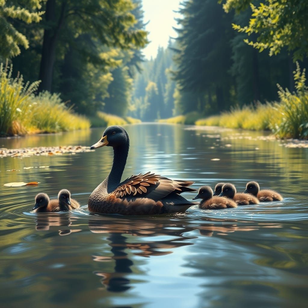 Black Duck and Ducklings in Impressionistic River Scene