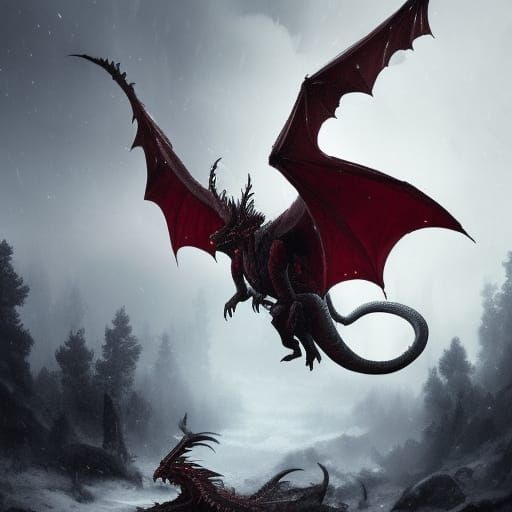 Dark Fantasy Dragon in Snowy North European Forest