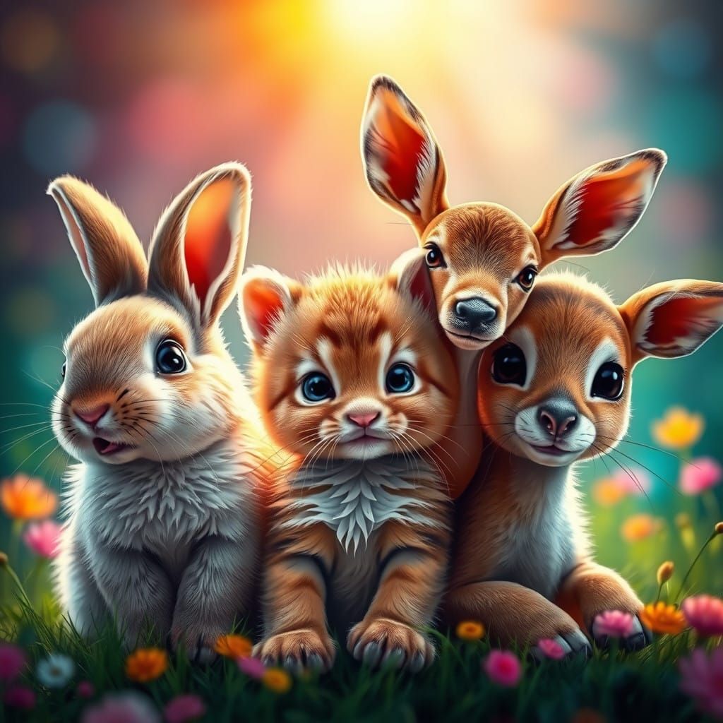 Cute Baby Animals Gather in a Vibrant Whimsical Scene