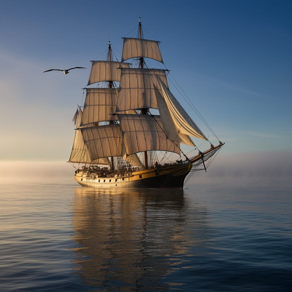 Elegant Windjammer Sails Calm Misty Sea at Dawn