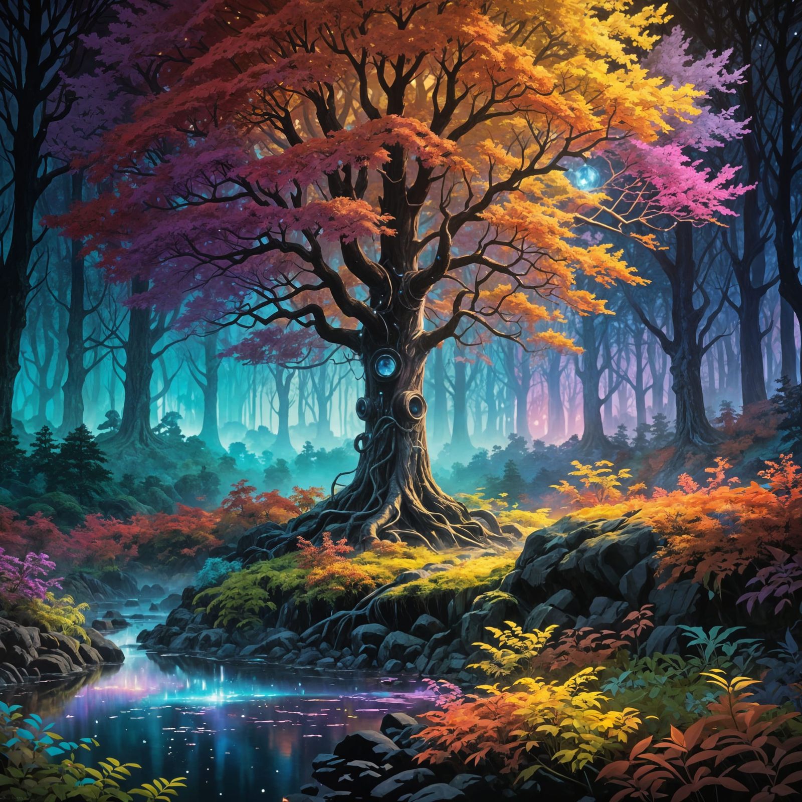Rainbow Tree in Sci-Fi Forest: Digital Art