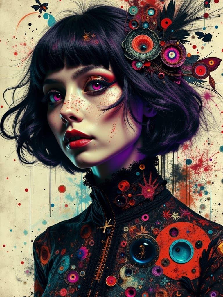 Gothic Surreal Portrait with Abstract Zentangle Swirls