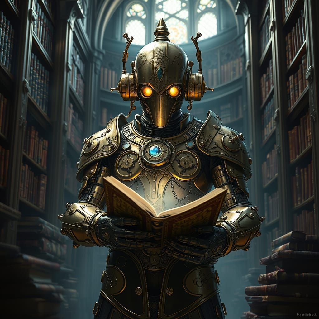 Steampunk Automaton in Grand Library, Dark Fantasy Concept A...